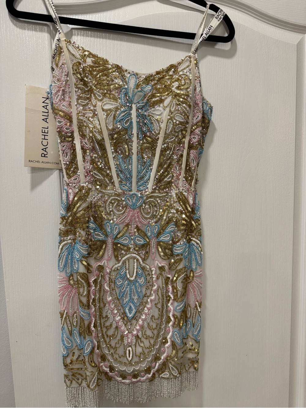 Rachel Allan White Dress with Gold, Blue, and Pink Beading